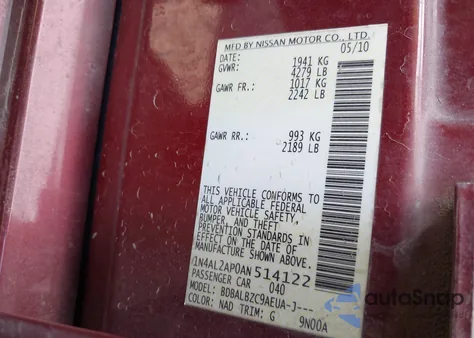 2010 Nissan Altima 2.5 S из США, поврежденный, VIN 1N4AL2AP0AN514122